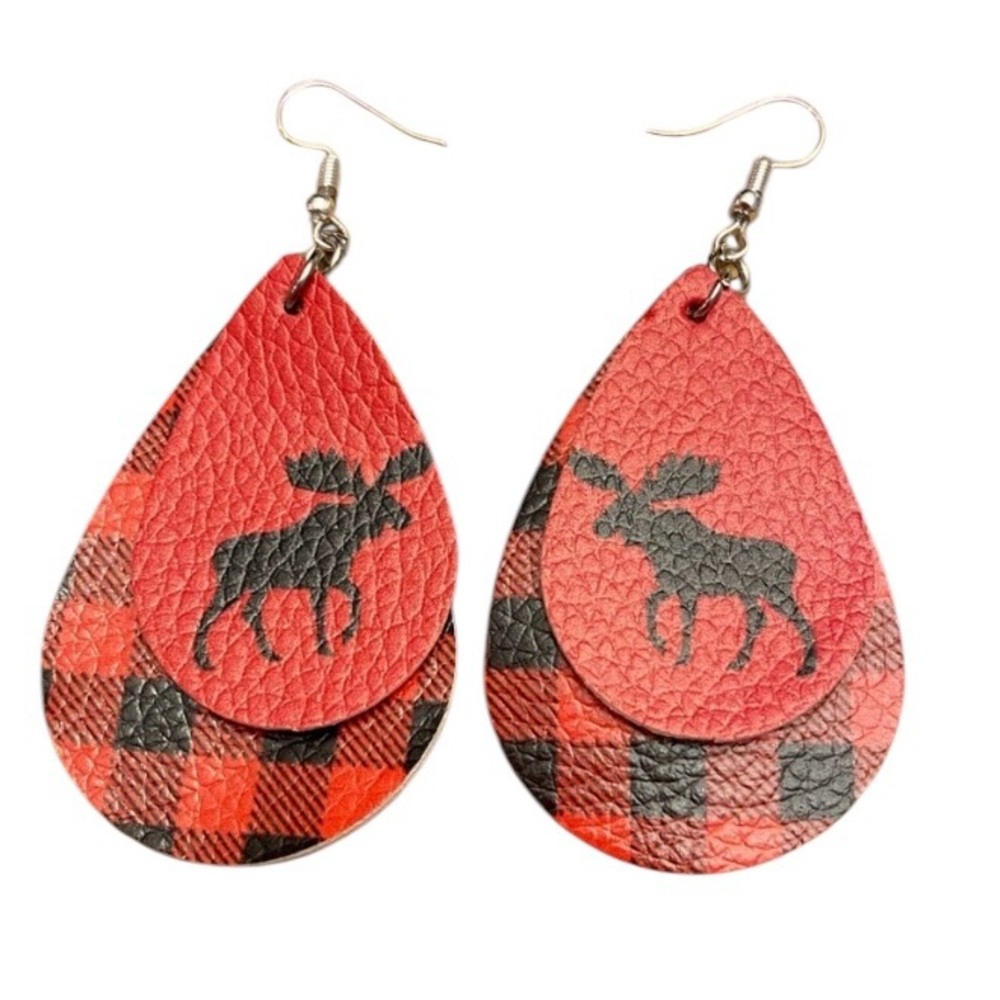 Hand Crafted Faux Leather Red Black Buffalo Check Plaid Moose Dangle Ear…